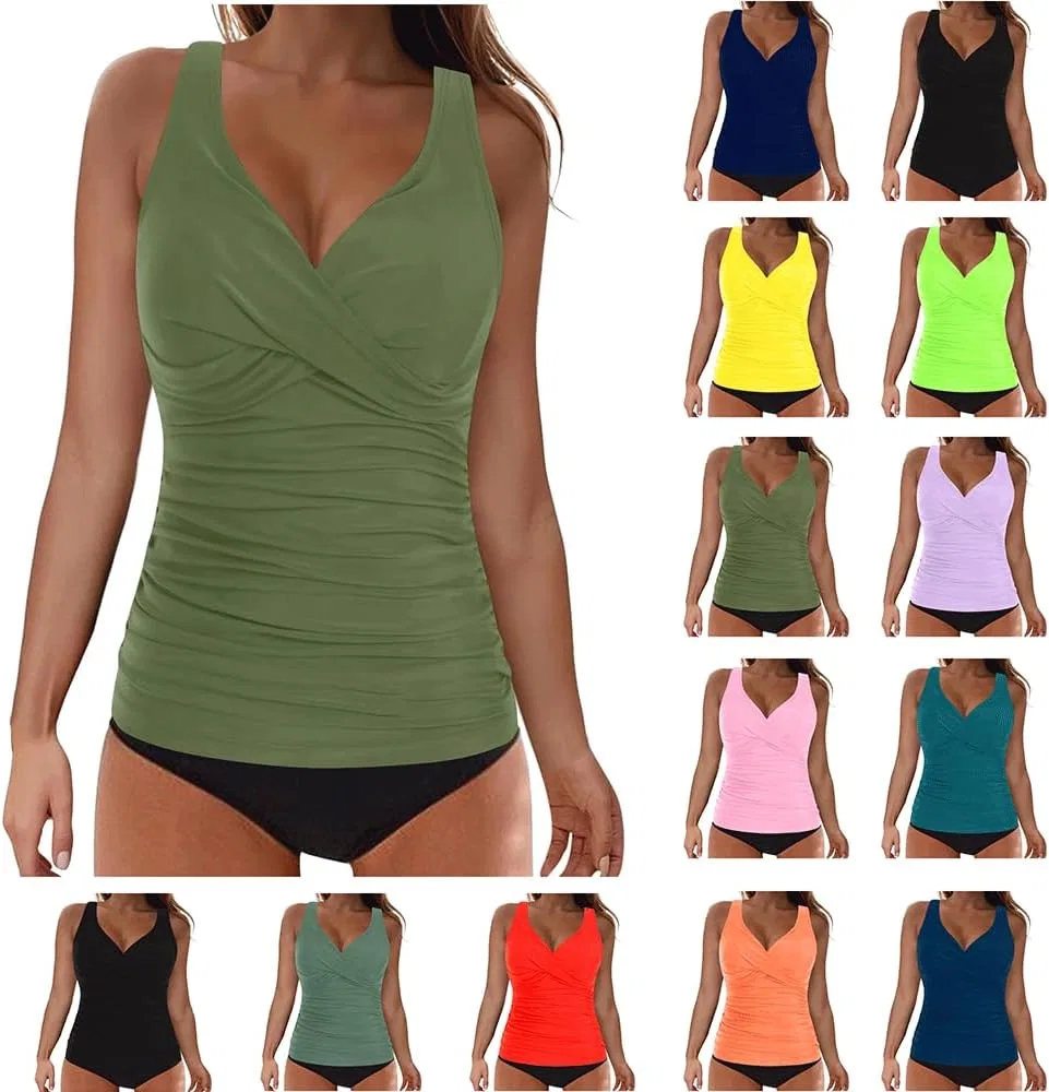 Купальник для женщин 2026 Tankini с поддержкой живота, сексуальный купальник с V-образным вырезом, перекрученным верхом и эффектом пуш-ап Generic, зеленый