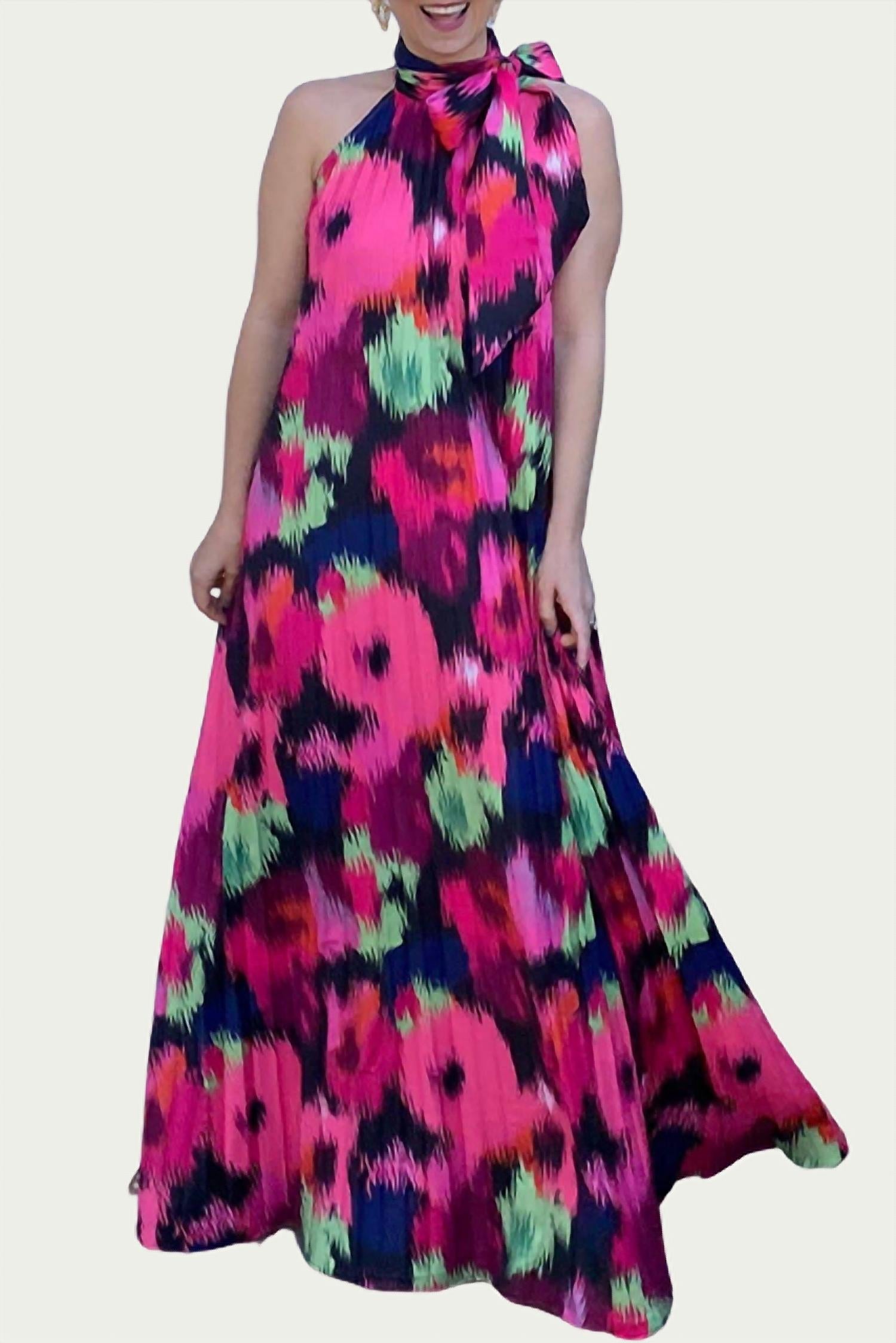 

Платье макси из атласа в складку с рисунком «Икат» ABBEY GLASS, цвет ikat roses