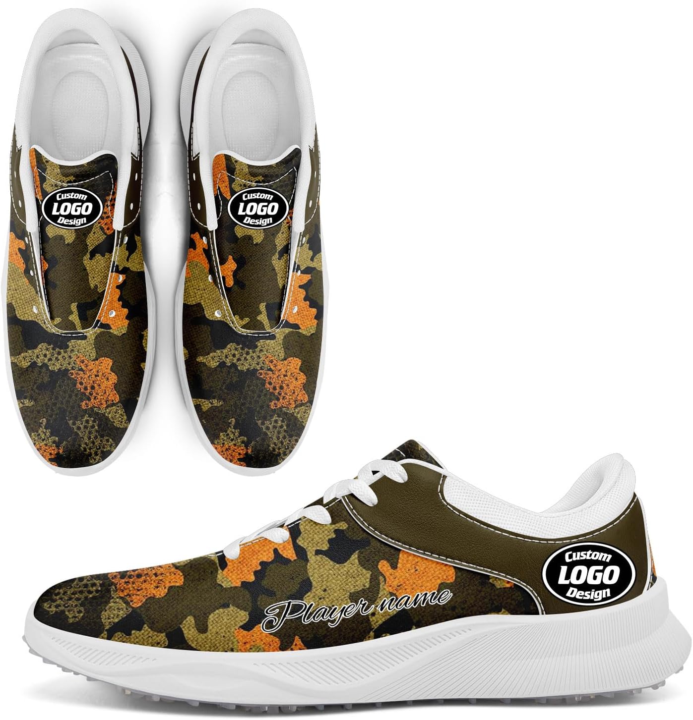 

Стильные кроссовки для гольфа с граффити для мужчин и женщин, камуфляжная расцветка, без шипов, вентилируемая подошва, возможность персонализации логотипом или именем, для занятий спортом на траве Coolcustomize, белый/оранжевый