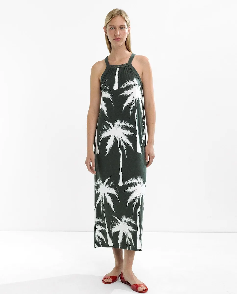 

Длинное платье с принтом пальм и декоративными заклепками Parfois, зеленый