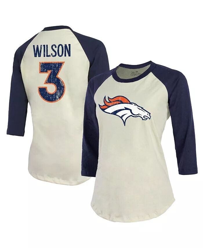 

Женские нитки Russell Wilson Кремовый, темно-синий Denver Broncos Футболка с именем и номером реглан с рукавами 3/4 Majestic