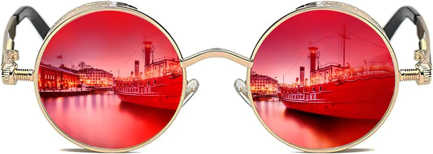 

ROCKNIGHT Готические стимпанк Круглые поляризованные солнцезащитные очки с защитой UV400, унисекс, для улицы и активного отдыха, 48 мм, Golden Frame/Red Orange Lens