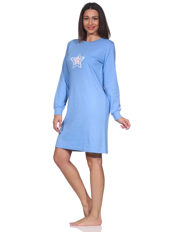 

Уютная ночная рубашка из интерлока с длинными рукавами и рисунком звезд синего цвета. NORMANN