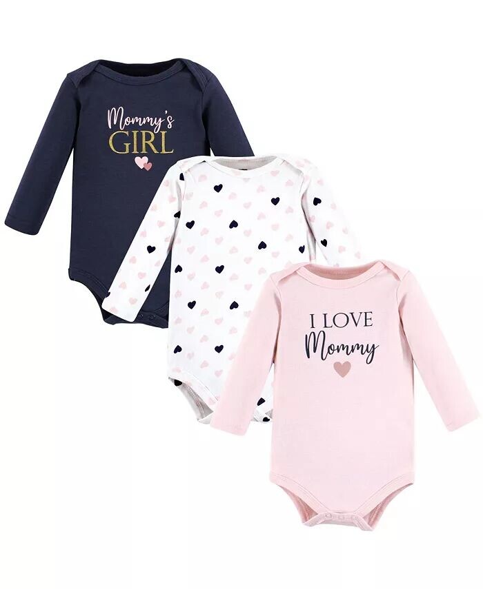 

Хлопковые боди с длинными рукавами для маленьких девочек Mommy Pink Navy (3 шт.) Hudson Baby, розовый