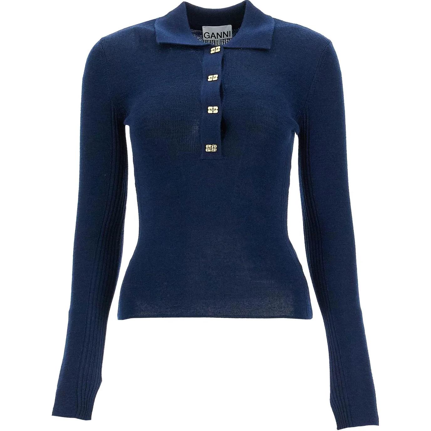 

Длинный рукав вязаный поло топ GANNI, синий