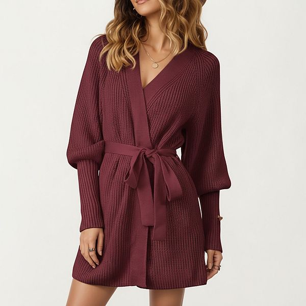 

Женский вязаный топ с запахом, длинными рукавами, мягкой текстурой ребристого полотна и регулируемым поясом Anna-Kaci, Burgundy