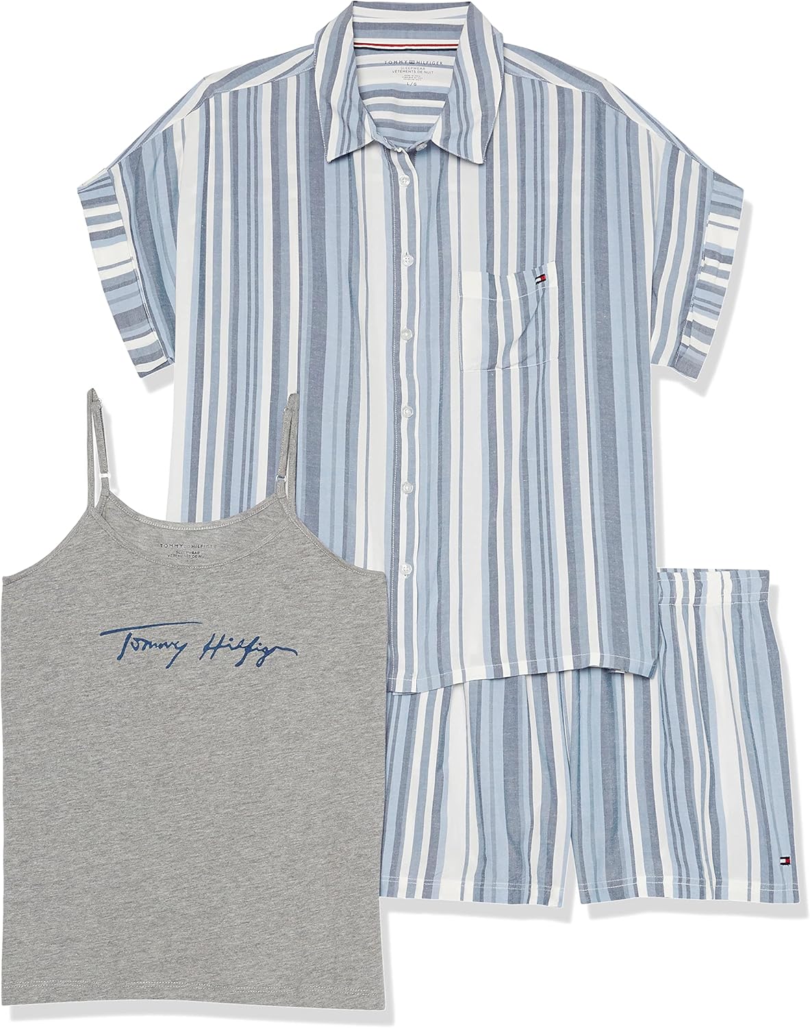 

Женский пижамный комплект Tommy Hilfiger из 3 предметов: майка и короткий топ с воротником Nocha, Light Heather Grey Picnic Stripe Brunnera