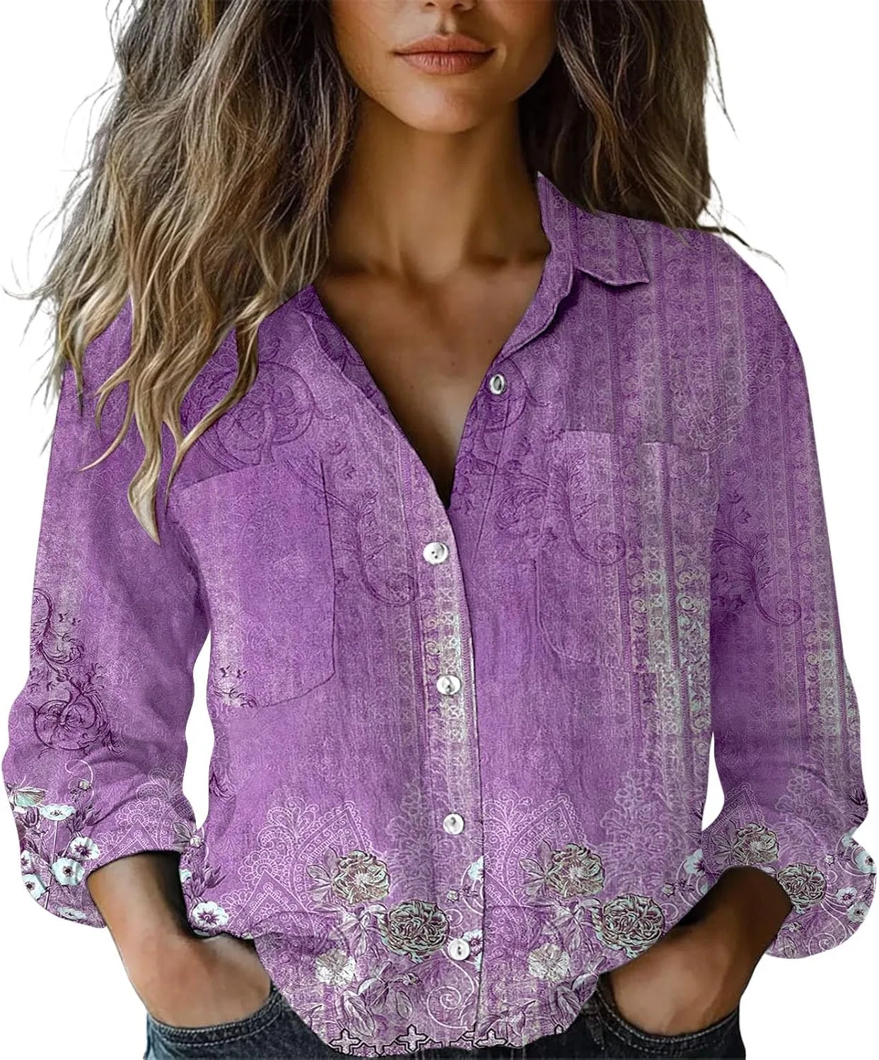 Блуза с принтом, длинный рукав Women Long Sleeve Printed Button Down Shirts, фиолетовый