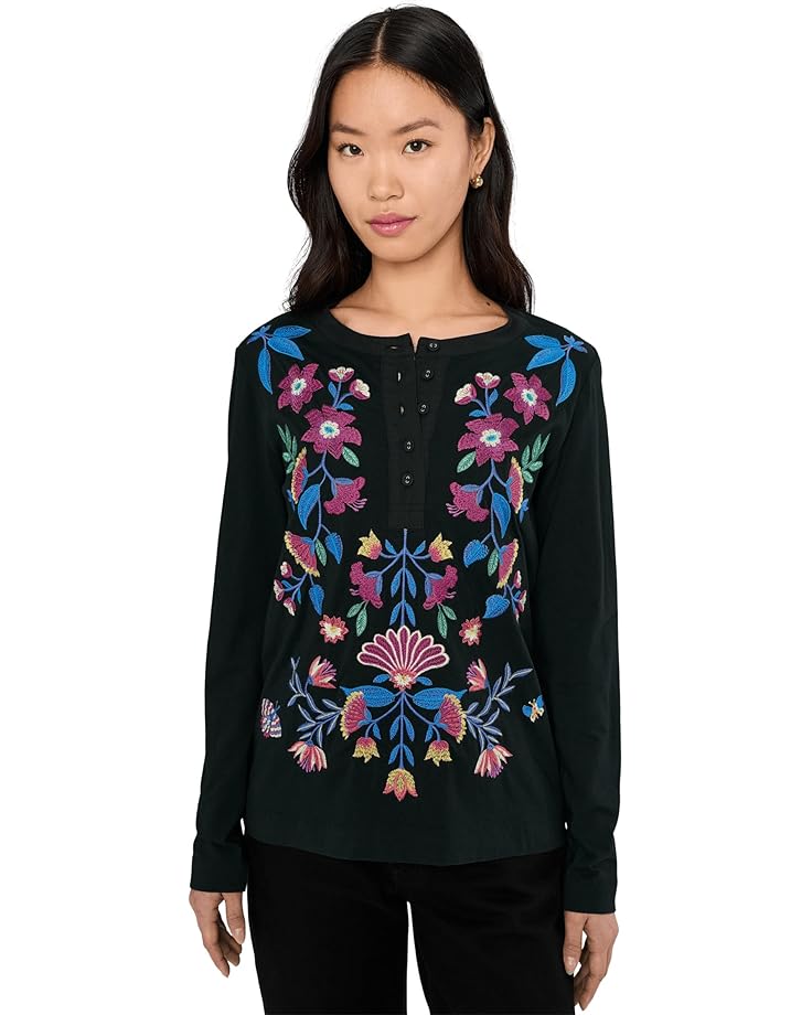 

Женская футболка Johnny Was Mixed Media Henley - Elizabeth, Black, Черный, Женская футболка Johnny Was Mixed Media Henley - Elizabeth, Black