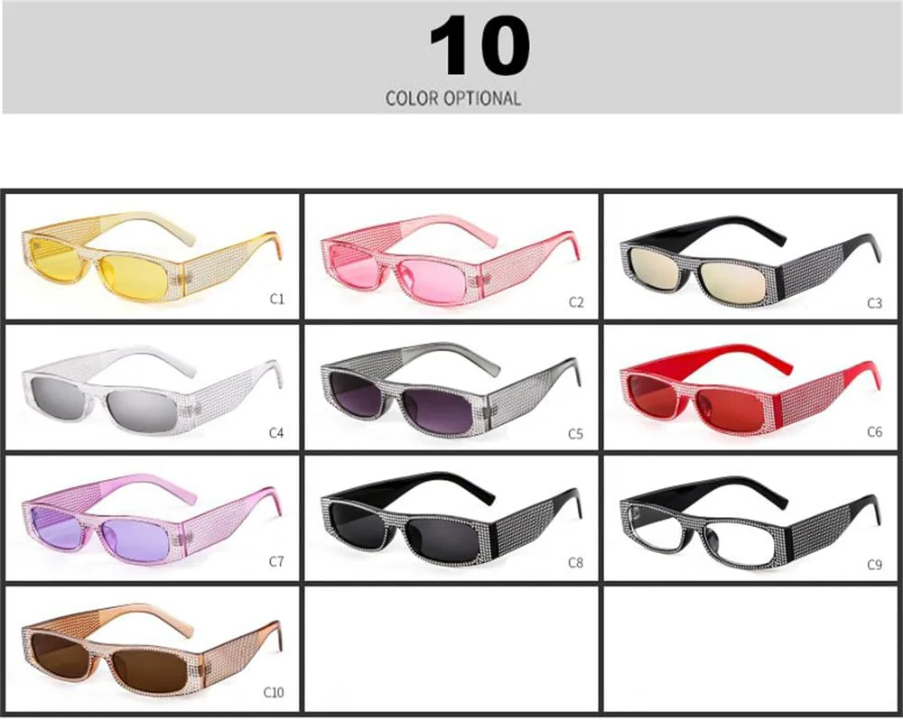 

Винтажные прямоугольные солнцезащитные очки со стразами для женщин, маленькая оправа, бриллиантовые солнцезащитные очки в стиле ретро, ​​узкие очки VFDHN, C1