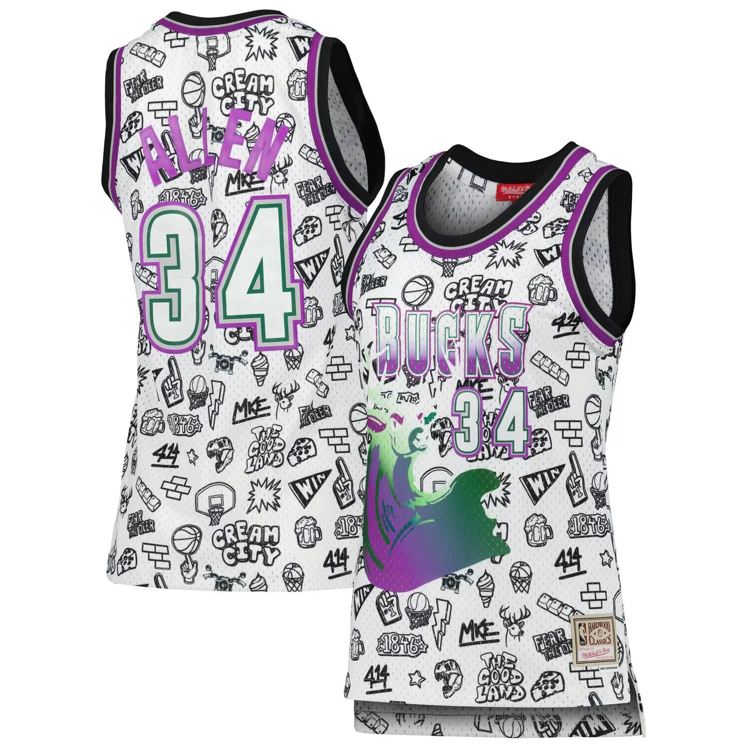 

Женская майка Mitchell & Ness Ray Allen White Milwaukee Bucks 1996 Doodle Swingman