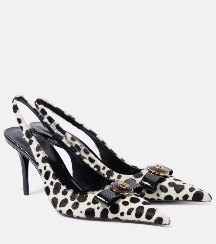 Туфли Gianni Ribbon 85 на шпильке из телячьей кожи с ремешком, 2w02v-White+Black-Gold Versace, 2w02v-White+Black-Versace Gold