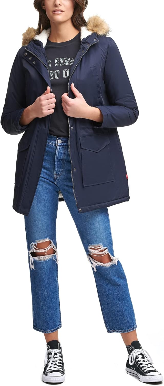 Женская спортивная куртка Levi's средней длины с подкладкой из шерпы и воротником из искусственного меха, Navy — фото 4