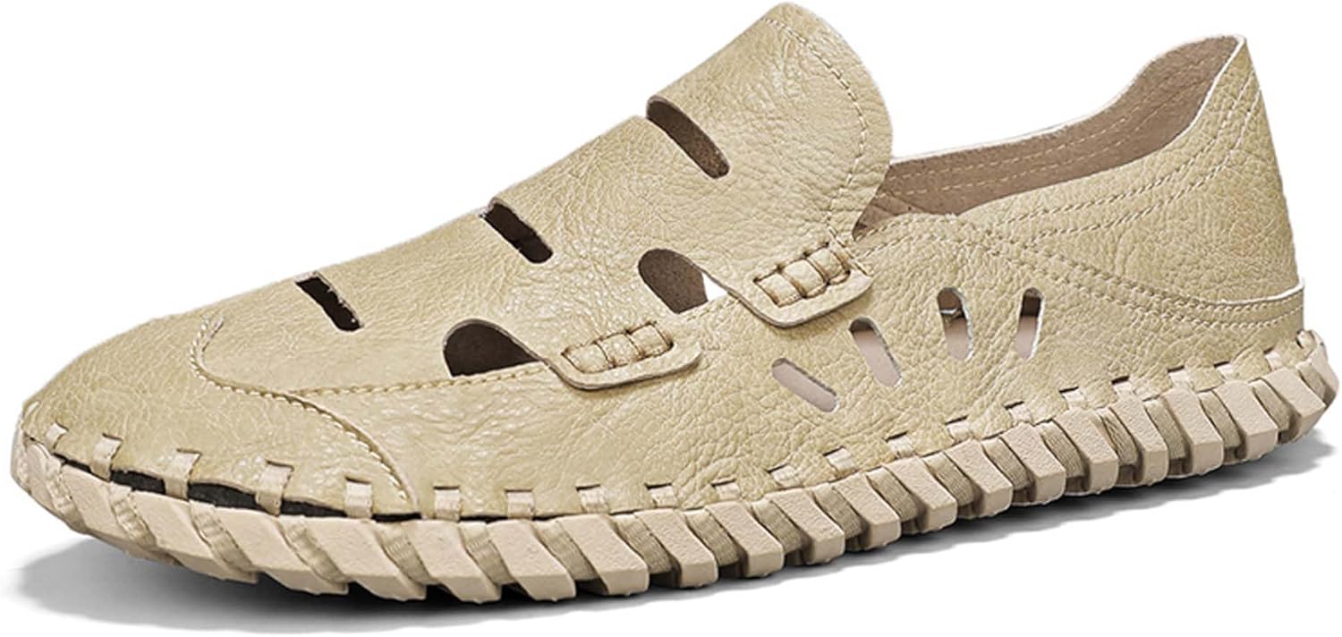 

Мужские сандалии премиум-класса из кожи, застежка без шнуровки, мягкие, не скользят, износостойкие, ручная прошивка, с отверстиями, дышащие, модные повседневные мужские сандалии Generic, бежевый