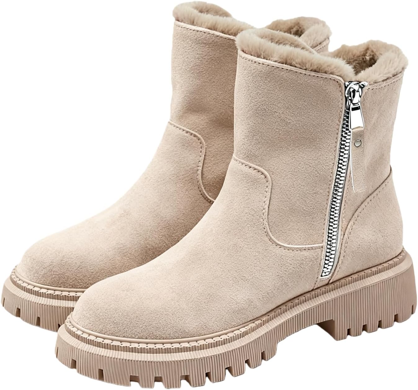 

Женские зимние ботинки с утепленным мехом, укороченные сапожки на молнии с платформой, средней высоты, с утепленной флисовой подкладкой, теплые и удобные, для прогулок на улице, модные и противоскользящие Toumov, бежевый