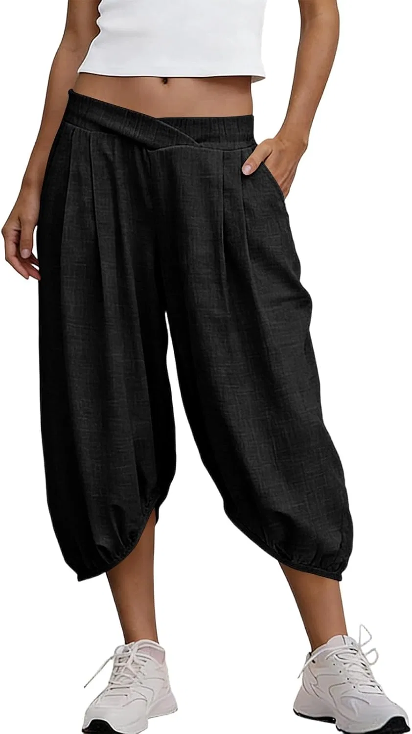 Широкие брюки капри, Linen, Black