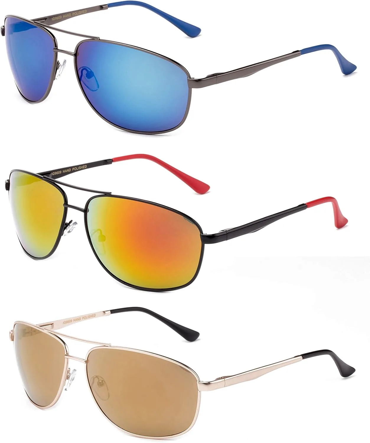 

Спортивные солнцезащитные очки Newbee Fashion в металлической оправе с пружинными шарнирами, комплект из 3 пар, для мужчин и женщин, 3 Pack Blue, Orange & Gold