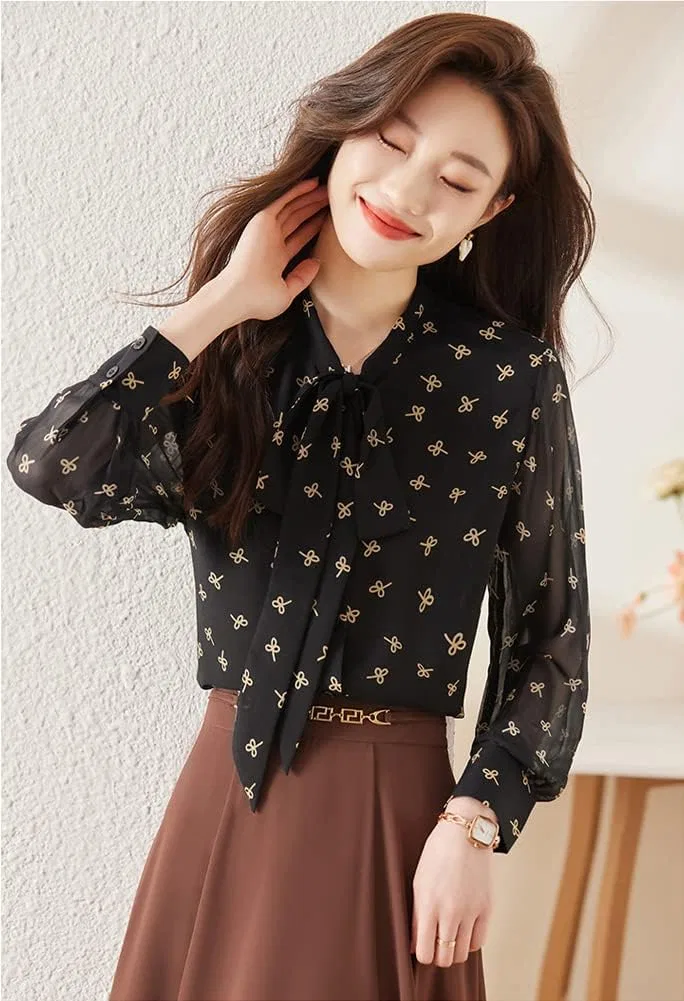 Блуза с бантом, цветочным принтом, Pullover Bowtie Blouse, черный — фото 2