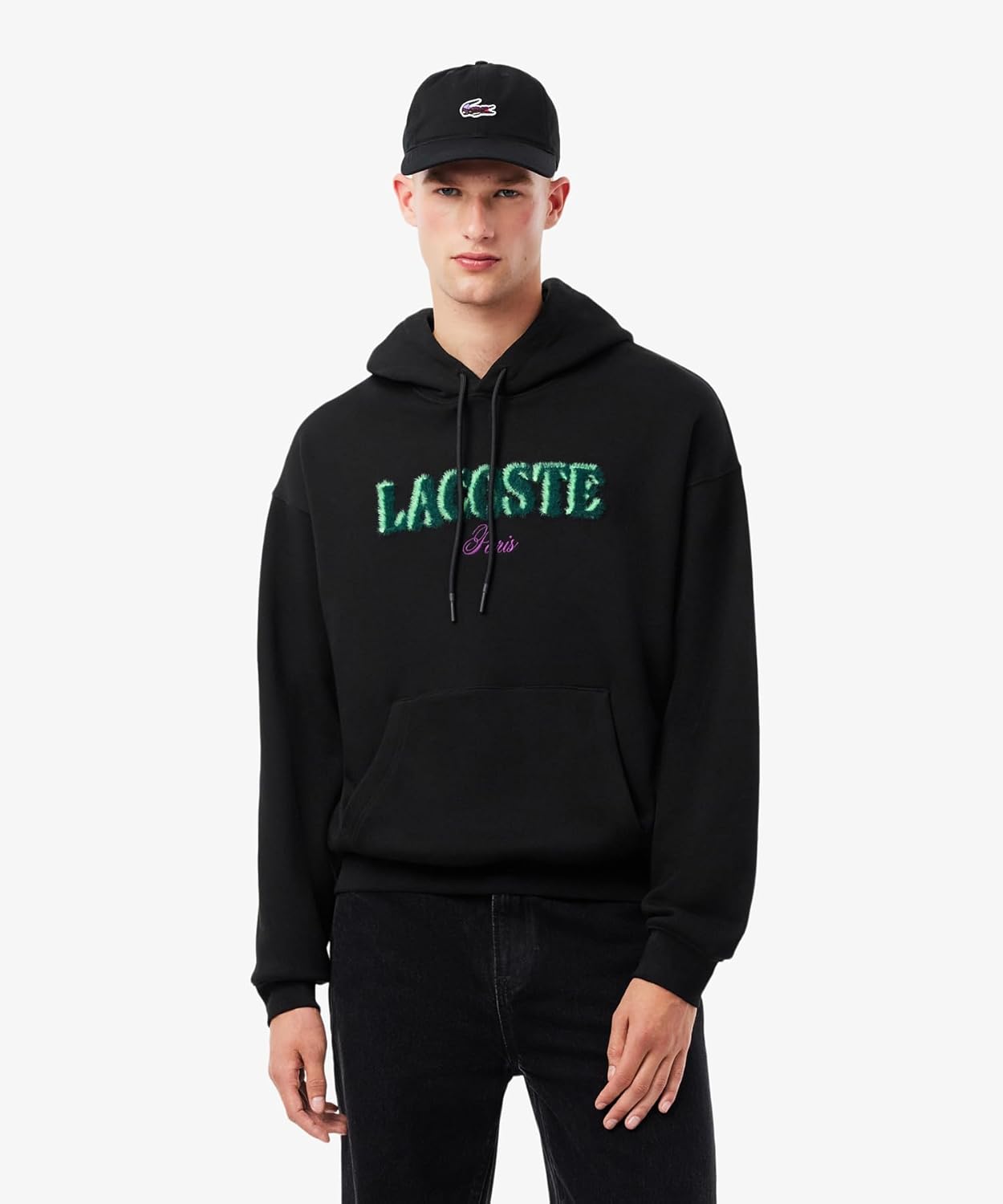 Мужская толстовка Lacoste с логотипом бренда Shaggy. Толстовка с капюшоном, черный — фото 2