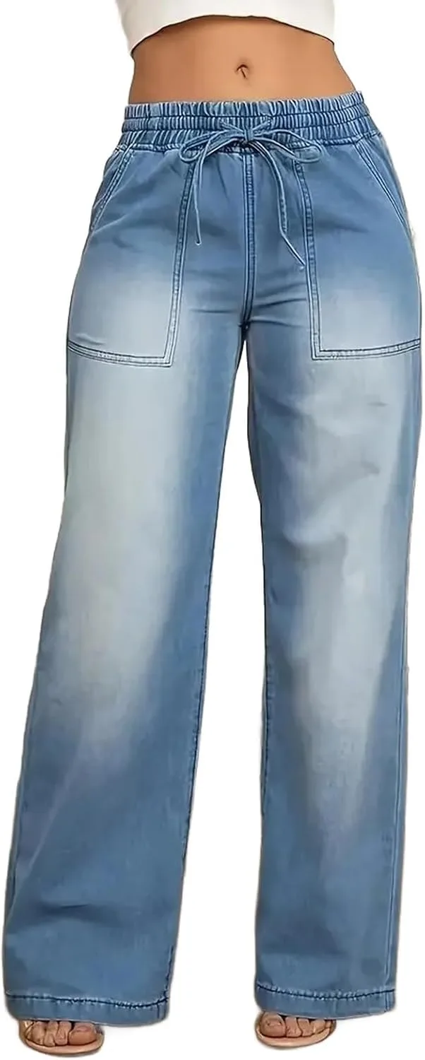 Женские джинсы Casual Wide Leg Baggy с высокой талией и шнурком