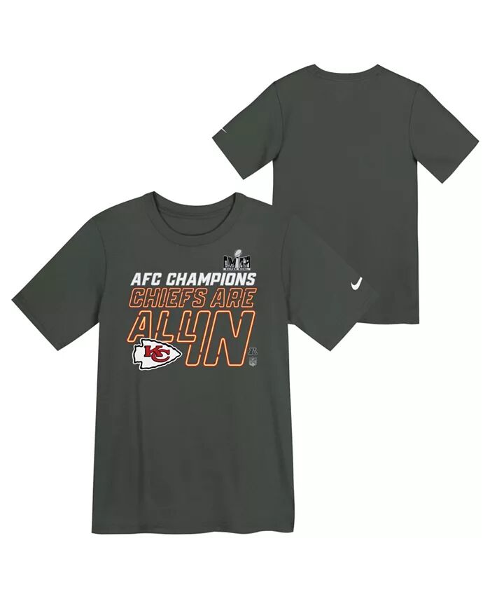 

Футболка из коллекции трофеев AFC Champions Locker Room Trophy цвета антрацита «Kansas City Chiefs 2023» для больших мальчиков и девочек Nike