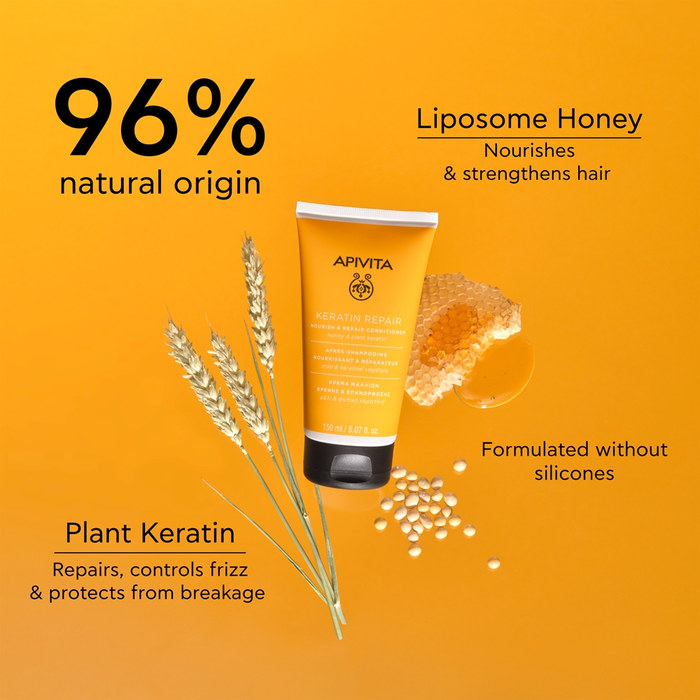 Восстанавливающий кондиционер Keratin Repair для сухих и поврежденных волос Apivita, 150 мл — фото 3