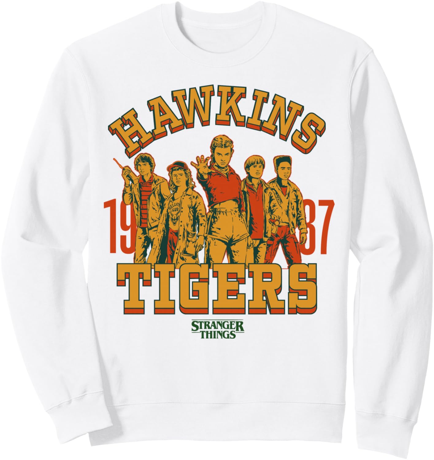 

«Очень странные дела», команда «Хокинс Тайгерс», групповое фото 1987 года, толстовка «Одиннадцать Пауэрс» Stranger Things, белый