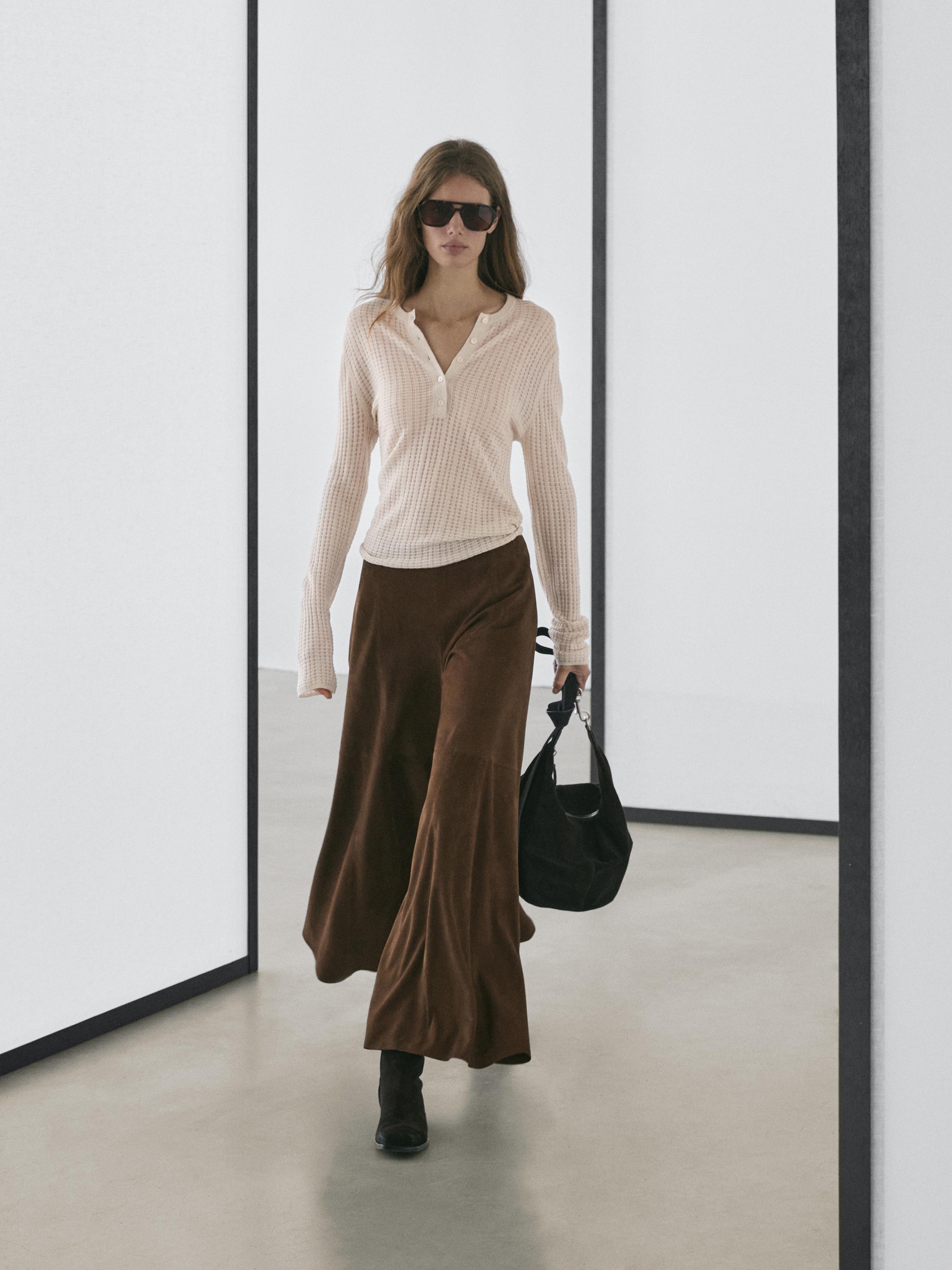 

Свитер хенли из смесовой шерсти с ажурной отделкой Massimo Dutti, cream