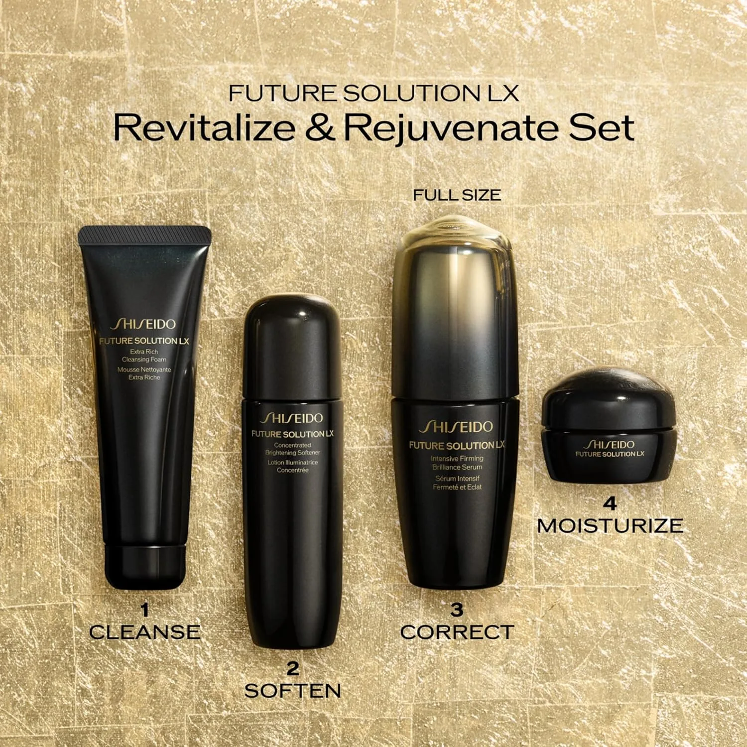 Набор Shiseido Revitalize & Rejuvenate Set: Future Solution LX Extra Rich Foam 50 мл, Concentrated Softener 74 мл, Intensive Firming Brilliance Serum 50 мл и Total Regenerating Cream 15 мл — фото 2