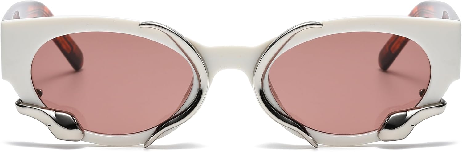 

Винтажные узкие солнцезащитные очки «кошачий глаз», модные маленькие овальные металлические очки в стиле «змея», аксессуары в стиле Y2k Azoxus, Beige Frame/Marble Print Arms