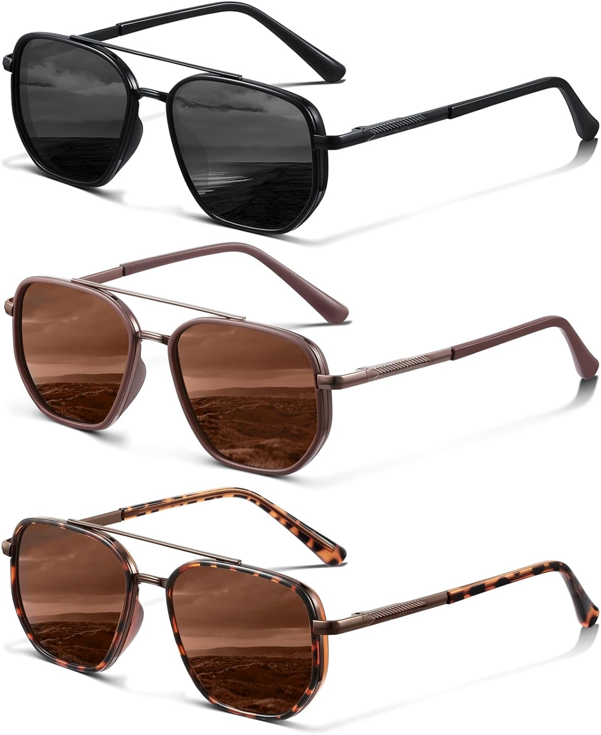 

Поляризованные солнцезащитные очки-авиаторы KUGUAOK для женщин и мужчин, модные, с защитой от УФ-излучения, не спутываются, винтажные, стильные, 3pcs-black+brown+leopard