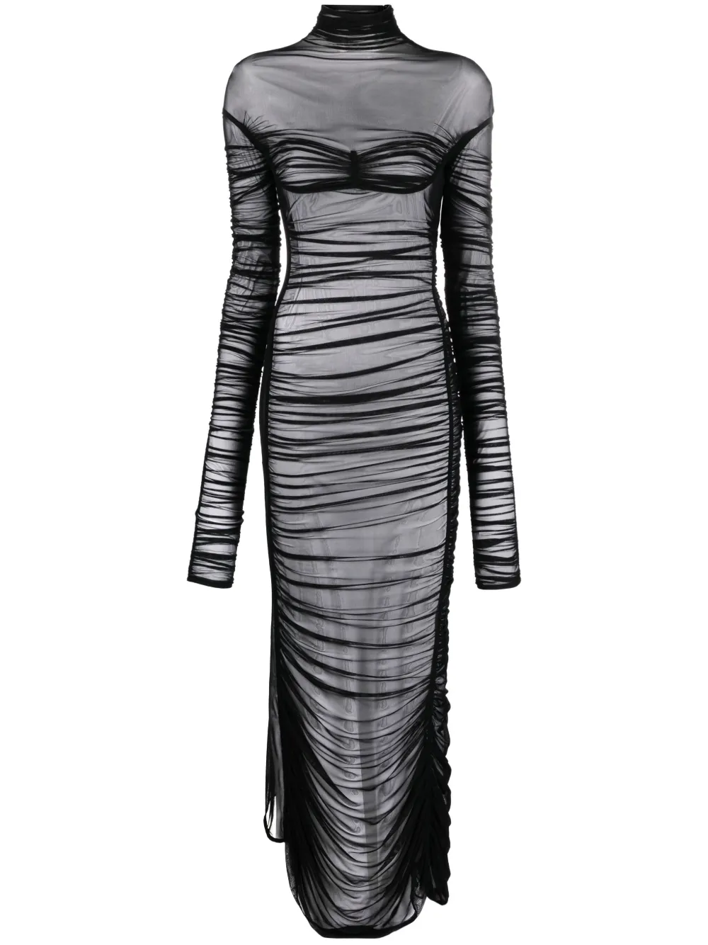 

Сетчатое платье макси со сборками Mugler, черный