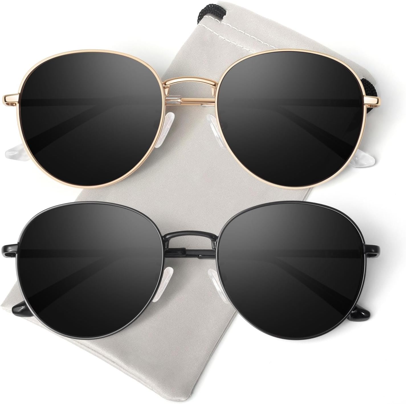 

Солнцезащитные очки GQUEEN Retro круглые поляризованные для женщин и мужчин, с пружинным шарниром, металлической оправой, модные овальные солнцезащитные очки в стиле хиппи, защита от УФ-излучения UV400, 2 Gold Black & Black Black