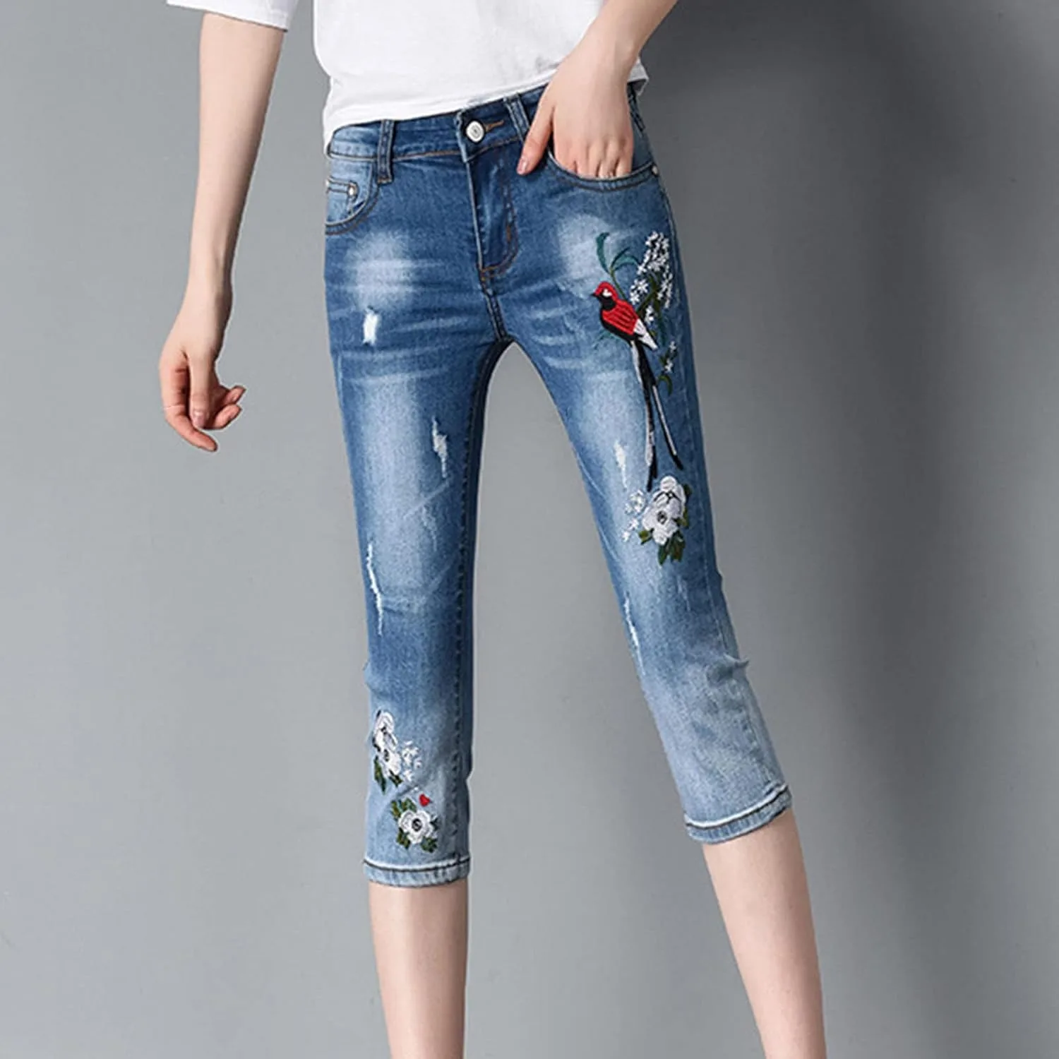 Вышитые укороченные джинсы для женщин Mid Rise Slim Fit потертые Skinny Denim Pants летние Casual Stretch Pencil Jeans — фото 2