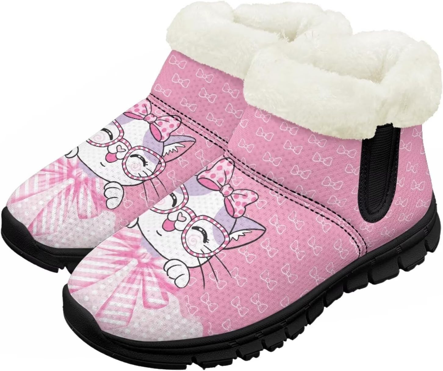 

Детские зимние ботинки для мальчиков и девочек, утепленные высокие кеды с подошвой против скольжения и флисовой подкладкой, пушистые слипоны Chririnla, Bowtie White Cat