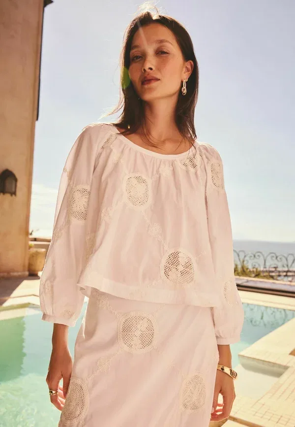 Блуза Next, Regular fit crochet insert long sleeve bardot top, белый