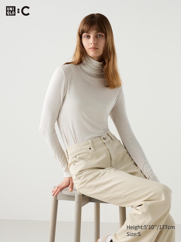 

Очень теплая футболка из смеси кашемира heattech с высоким воротом Uniqlo, бежевый