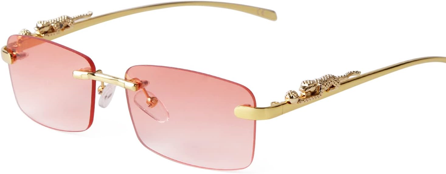 

ADE WU Винтажные солнцезащитные очки без оправы в стиле ретро, ​​роскошные, золотистая металлическая безрамочная модель, прямоугольные солнцезащитные очки с цветными линзами, Gold/Pink