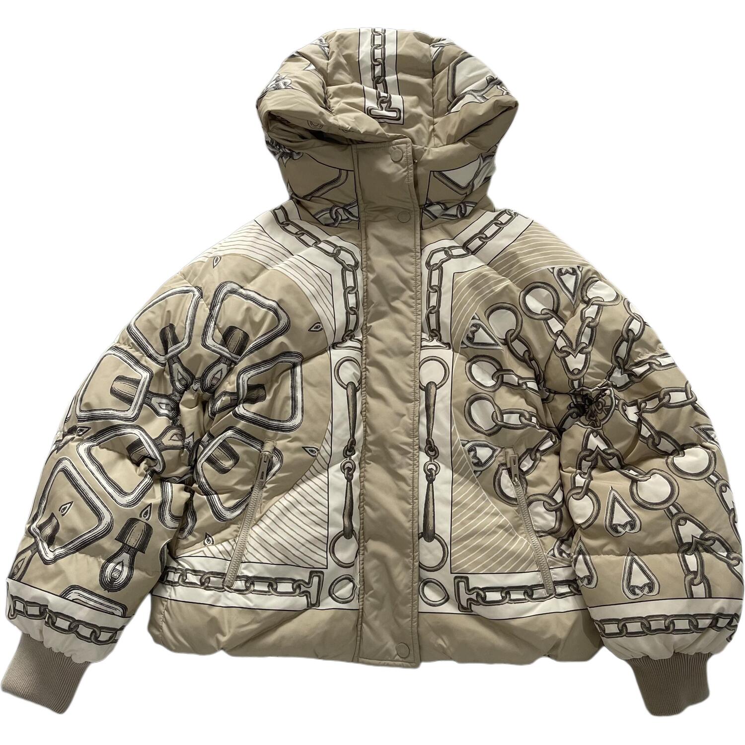 

Hermes Пуховая куртка женская, бежевая, с капюшоном, средней высоты