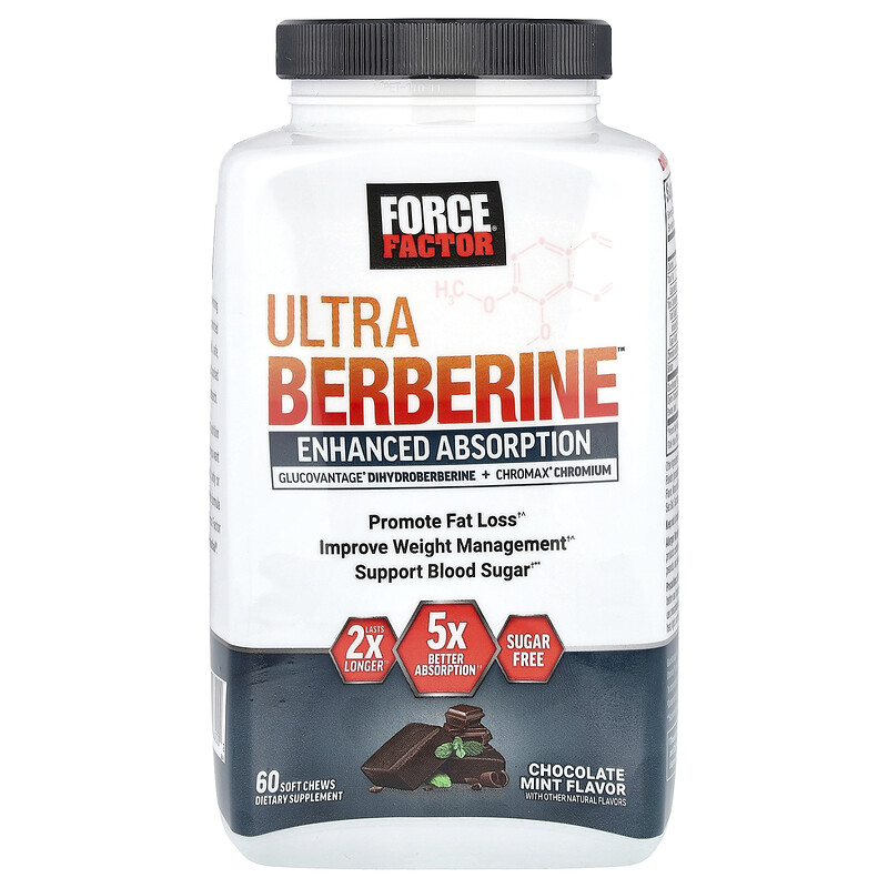 

Force Factor, Ultra Berberine , шоколад и мята, 60 жевательных таблеток