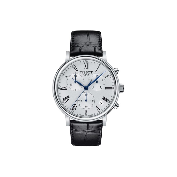 

TISSOT Часы Carson Elite Series Quartz Movement Men's Watch Watch 41mm Silver Dial Stainless Steel Case Leather Strap, Silver Dial