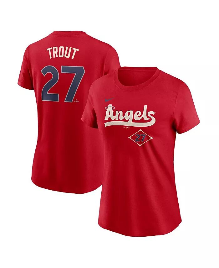 

Женская футболка Майка Траута Red Los Angeles Angels 2024 City Connect Fuse с именем игрока и номером Nike