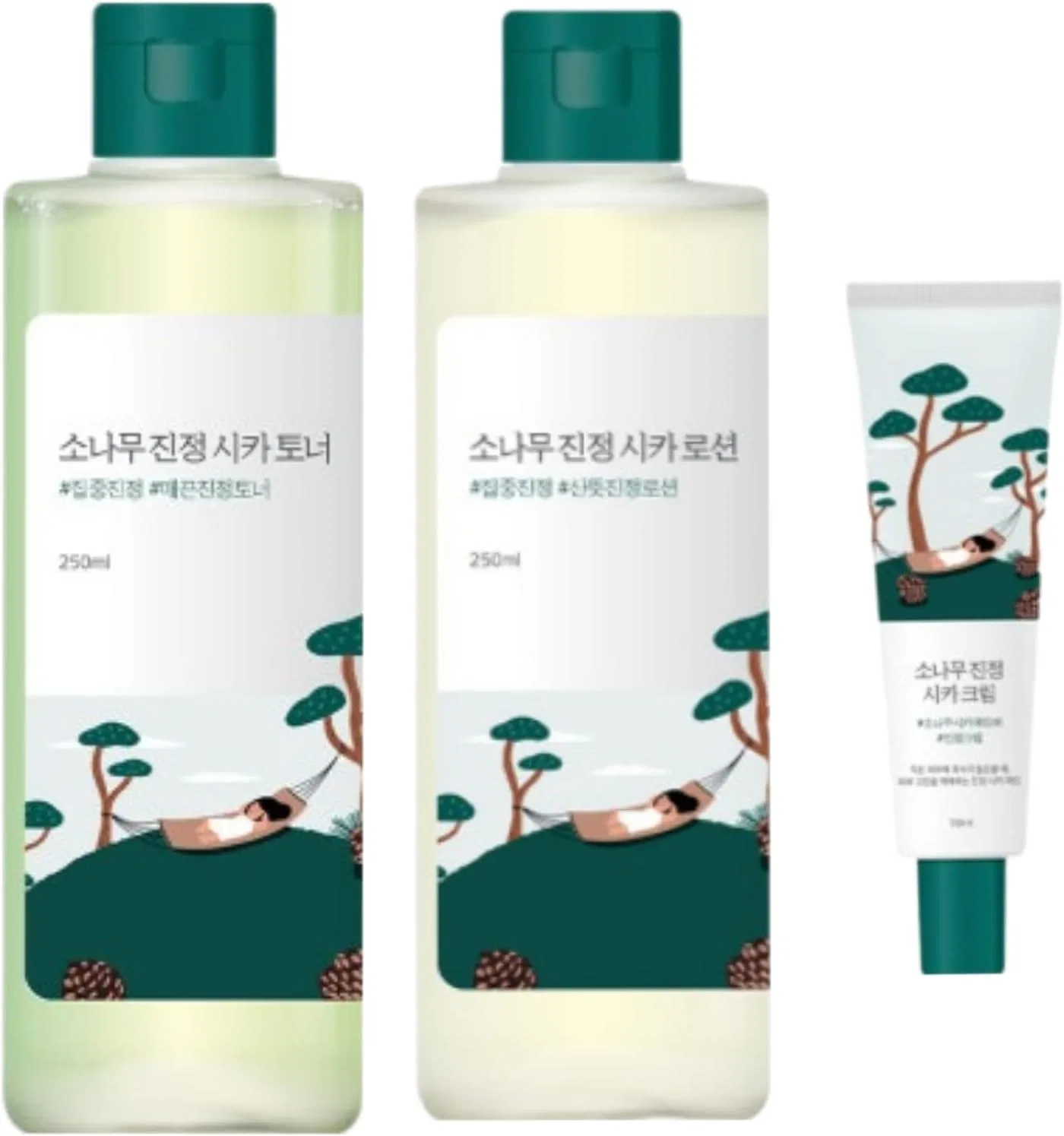Набор для ухода за кожей Pine Soothing CICA Line, тоник 250 мл, лосьон 250 мл, успокаивающий крем 50 мл, Round Lab Common