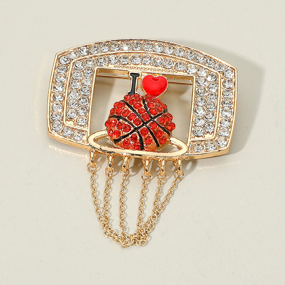 

Баскетбольная брошь с эмалированной цепочкой и стразами Fashnzfab, прозрачный/золотой