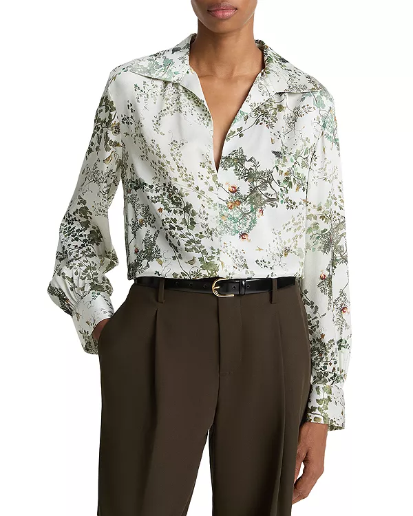 

Блузка из шелкового полотна с вышивкой в виде виноградной лозы Vince, мультиколор