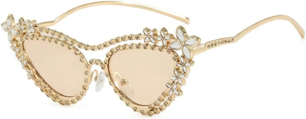 

Женские солнцезащитные очки Melrose «кошачий глаз» со стразами, винтажная оправа с цветочным узором и блестящими кристаллами, металлическая, с защитой от УФ-излучения UV400, идеально подходят для вечеринки, Champagne