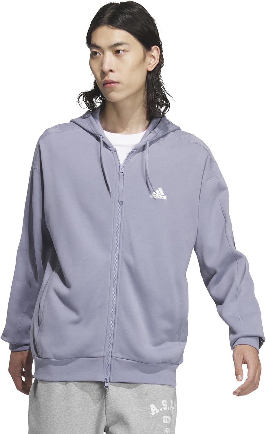 

Мужская толстовка с капюшоном на молнии из французского махрового трикотажа с надписью Wording Pack (KWX99) Adidas, серебристо-фиолетовый