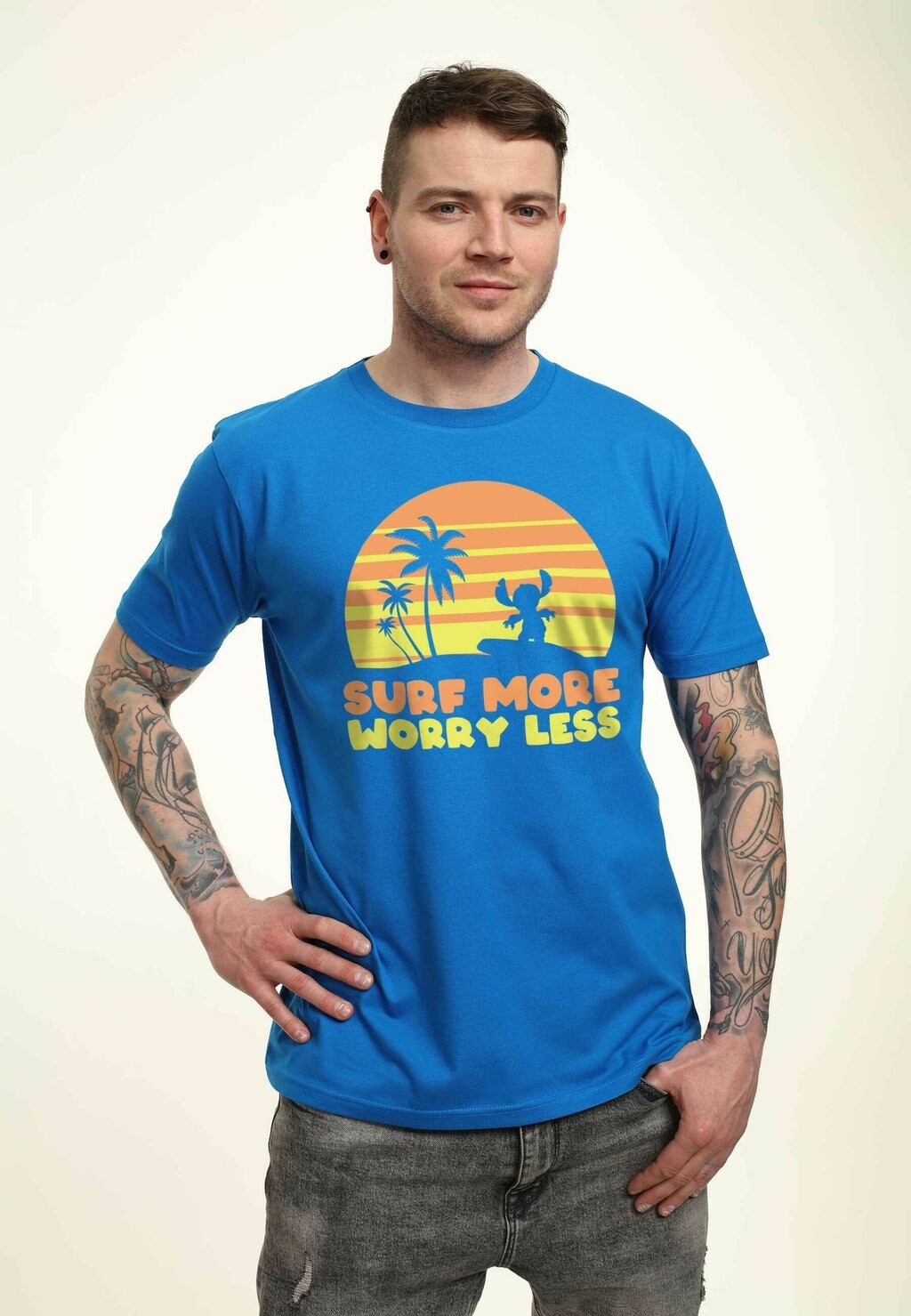

Футболка с принтом LILO & STITCH STITCH SURF MORE WORRY LESS UNISEX Disney, синий