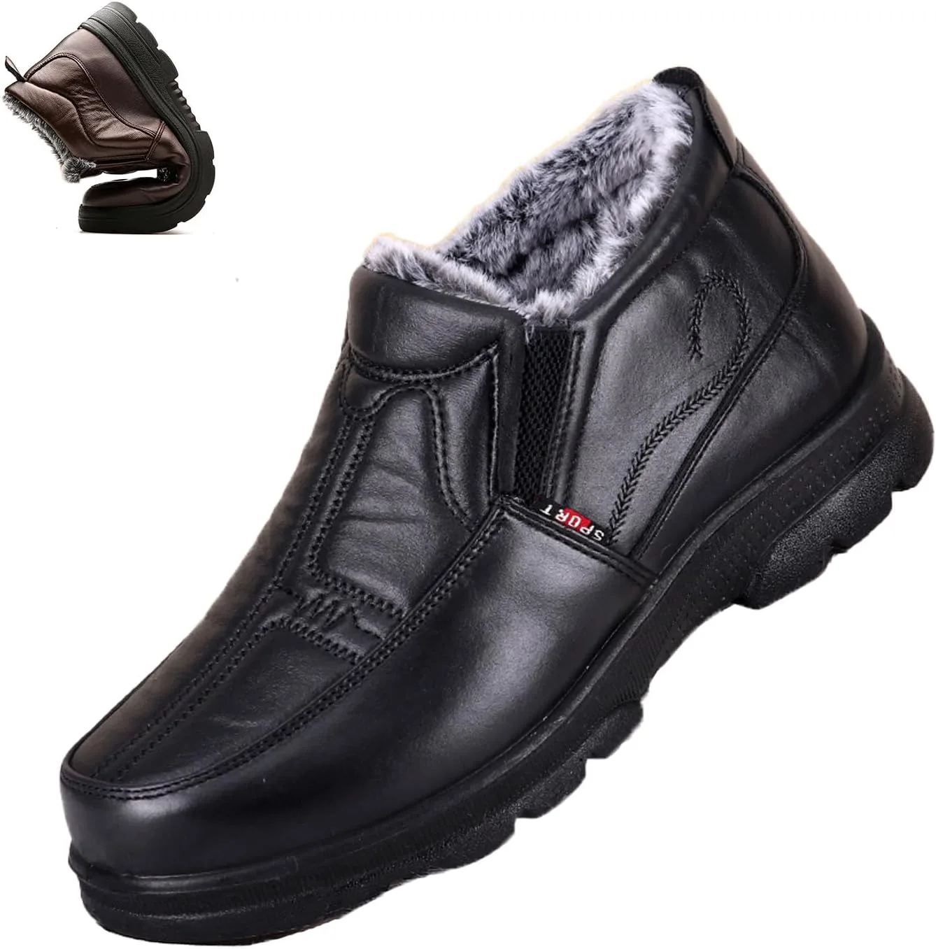 Мужские утепленные зимние ботинки с флисовой подкладкой, зимние наружные противоскользящие, удобные для среднего и пожилого возраста, легкие повседневные слипоны для прогулок Generic, черный — фото 2