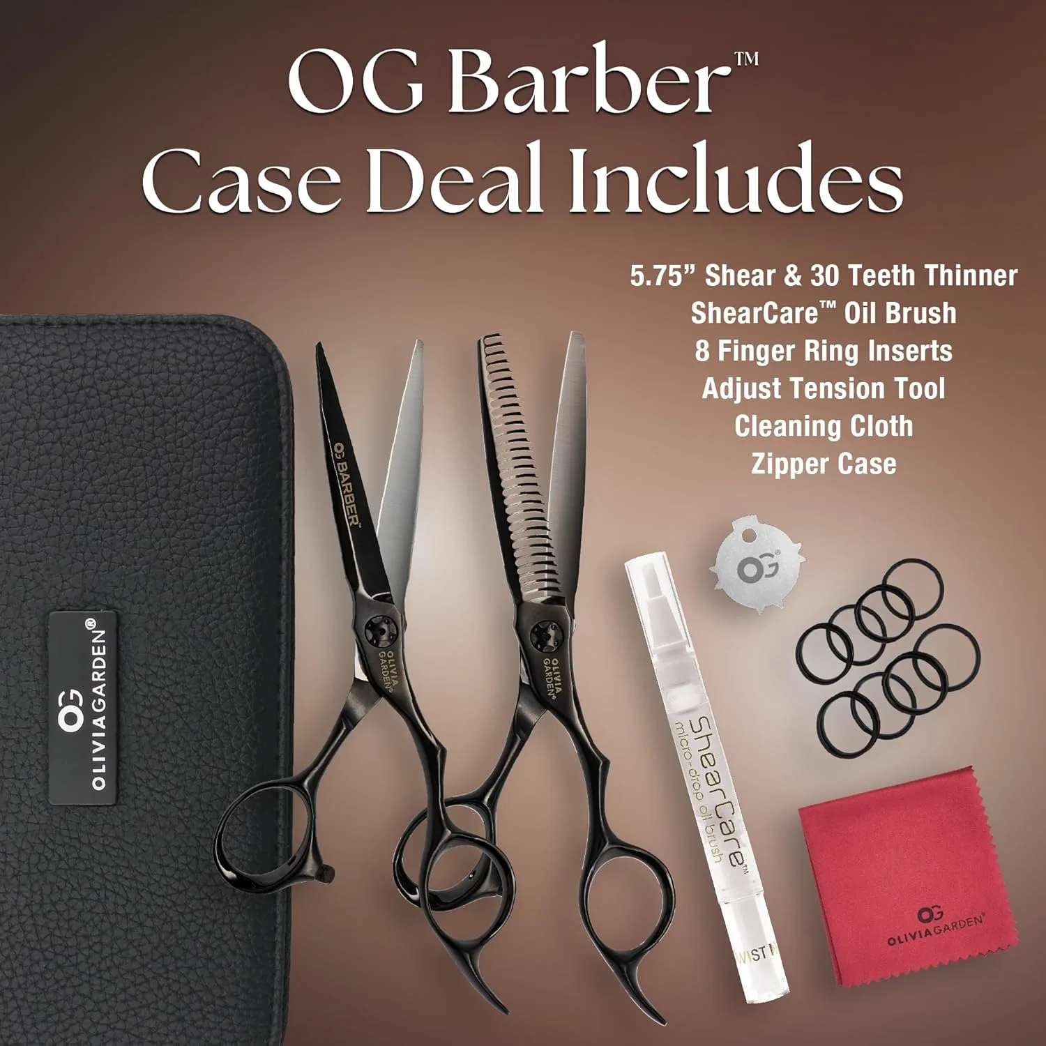 Набор для начинающих парикмахеров Olivia Garden Barber Shears Intro Kit включает профессиональные ножницы для стрижки волос, филировочную машинку, футляр и аксессуары. 14,6 см — фото 2